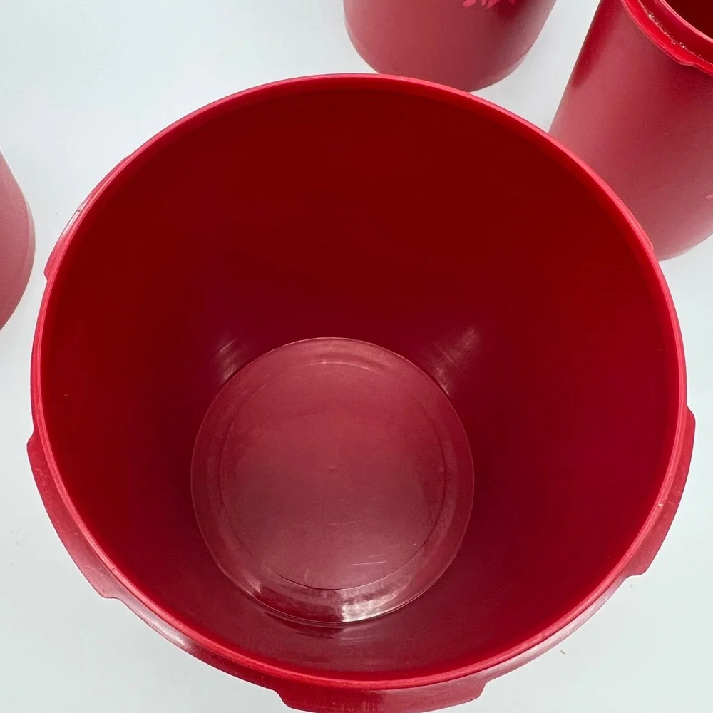 Tupperware Servalier Canister Set 4pc Red Tulip Quilt Vintage 70s Sunburst Lid